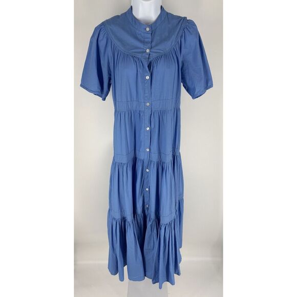 Oliphant Dresses & Skirts - Oliphant Design Henley Blue Button Puff Tiered Cotton Midi Dress